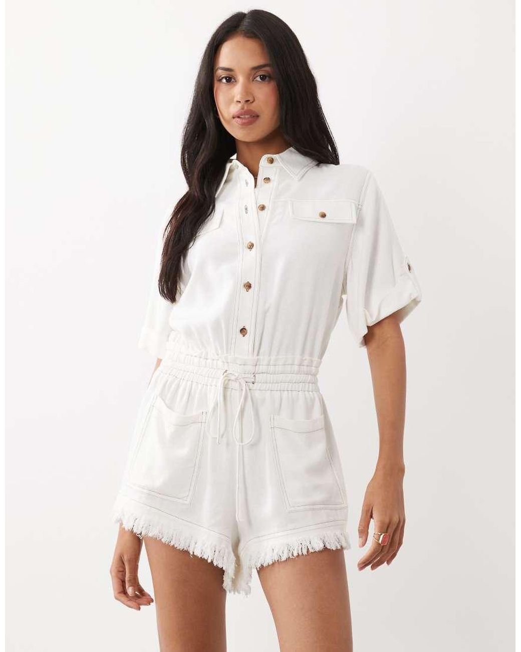Noughts & Kisses Natural Cotton Rich Dropped Shoulder Frayed Shorts Detailing Romper