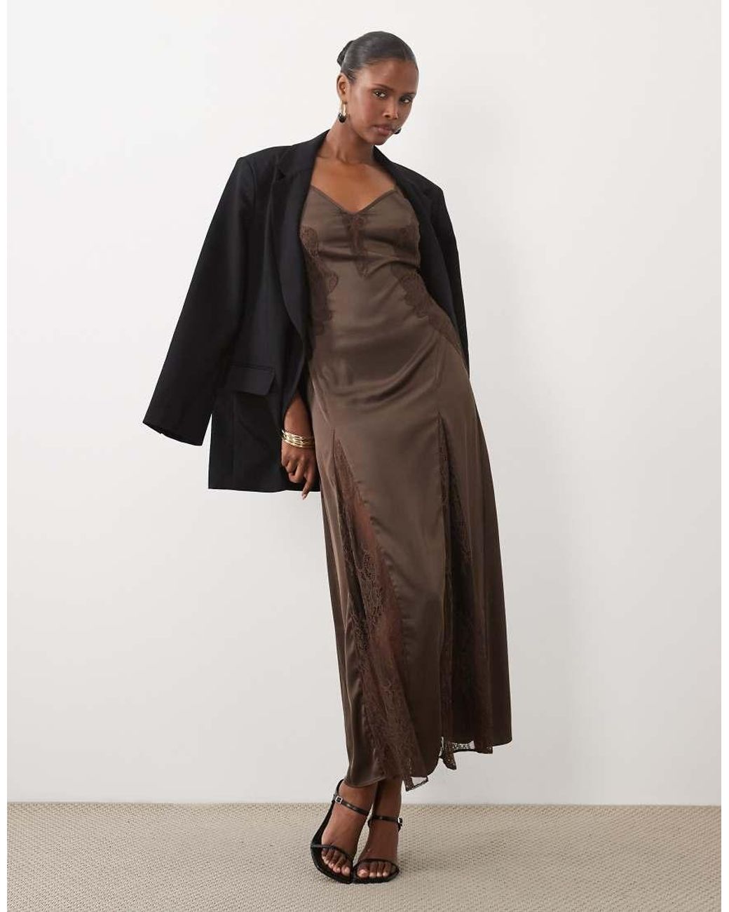 The Frolic Brown Exclusive Satin Cami Midaxi Dress With Lace Detailing
