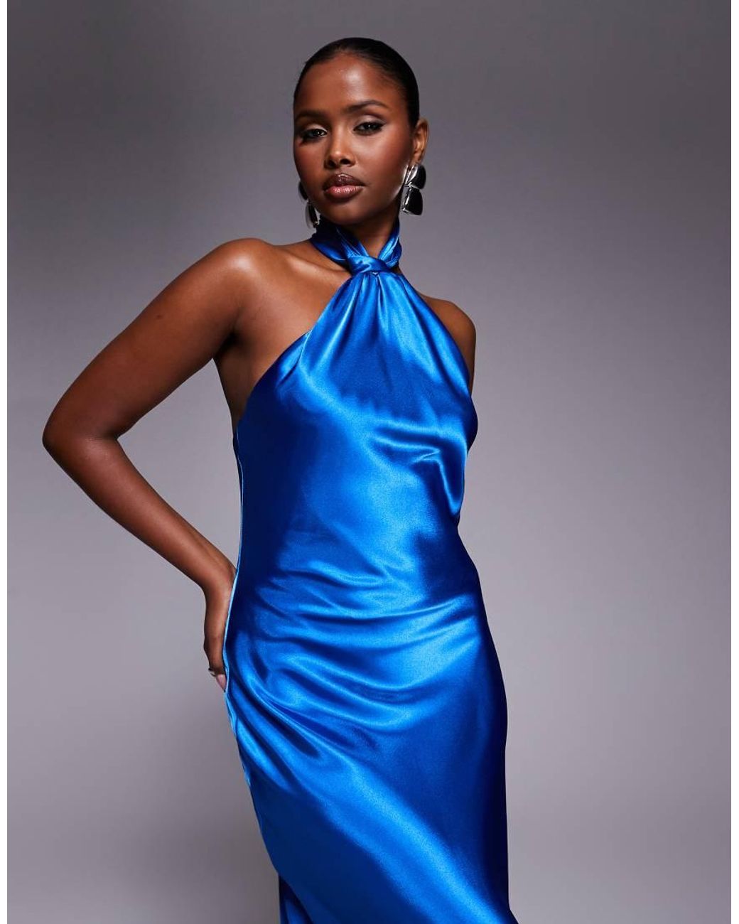 Forever New Blue Satin Knot Halter Neck Maxi Dress