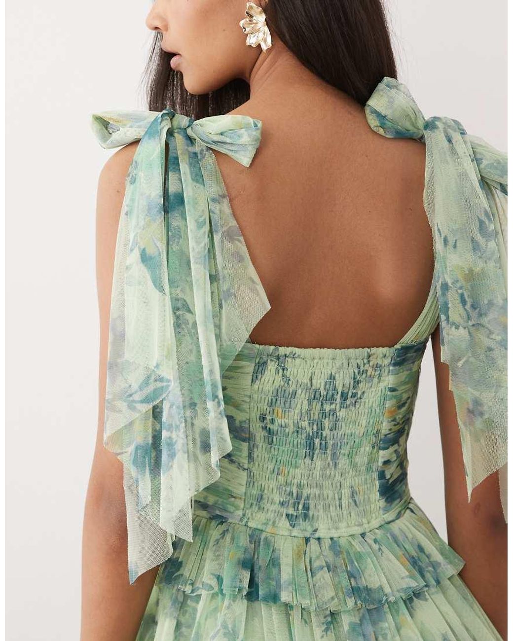 LACE & BEADS Green Bridesmaid Tulle Bow Shoulder Maxi Dress