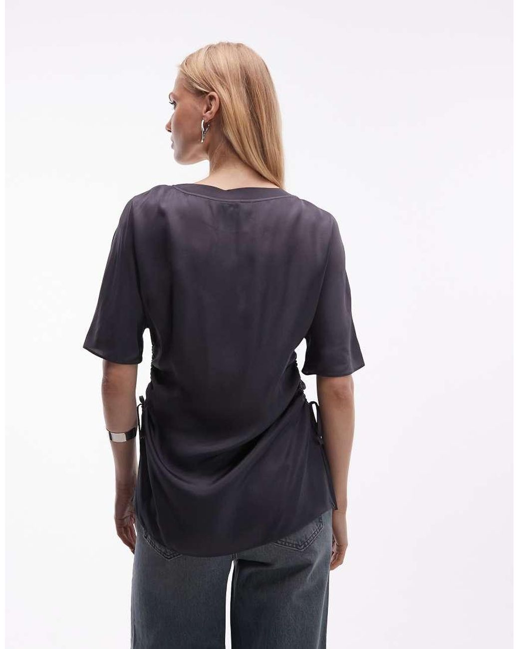 ARKET Blue Satin Longline T-shirt With Ruched Waist