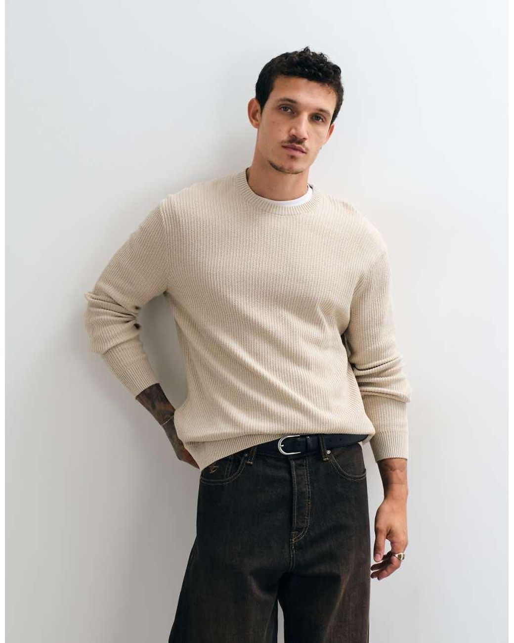 Only & Sons Natural Relaxed Fit Crew Neck Knit Jumper for men