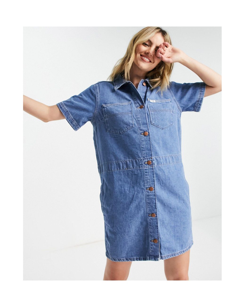 Wrangler Short Sleeve Denim Shirt Dress in Blue | Lyst
