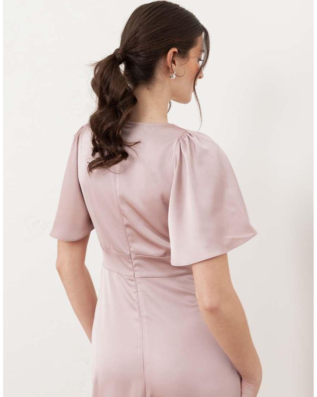 Maya Pink V Neck Angel Sleeve Satin Maxi Dress