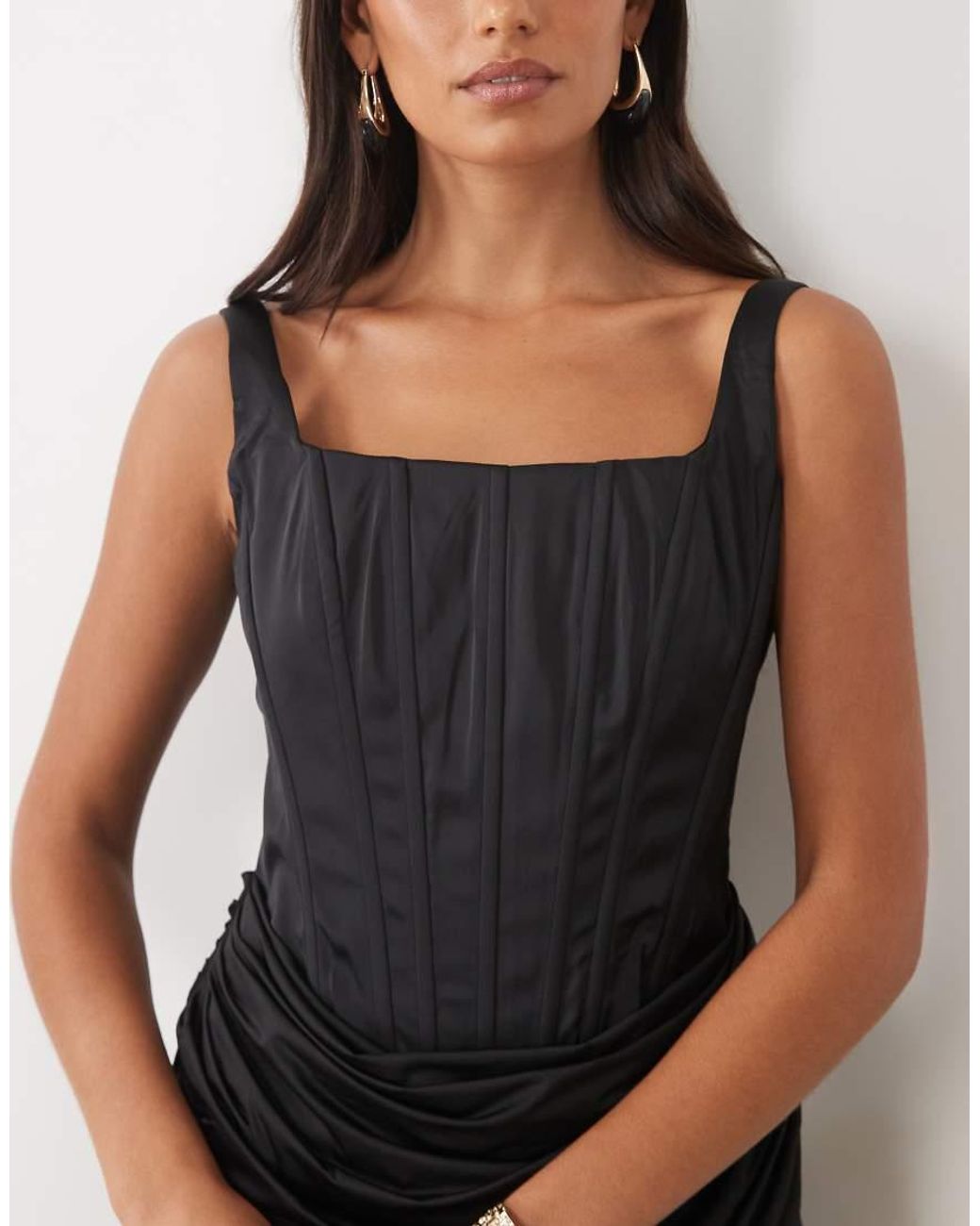 Oh Polly Natural Satin Lace Up Corset Draped Mini Dress