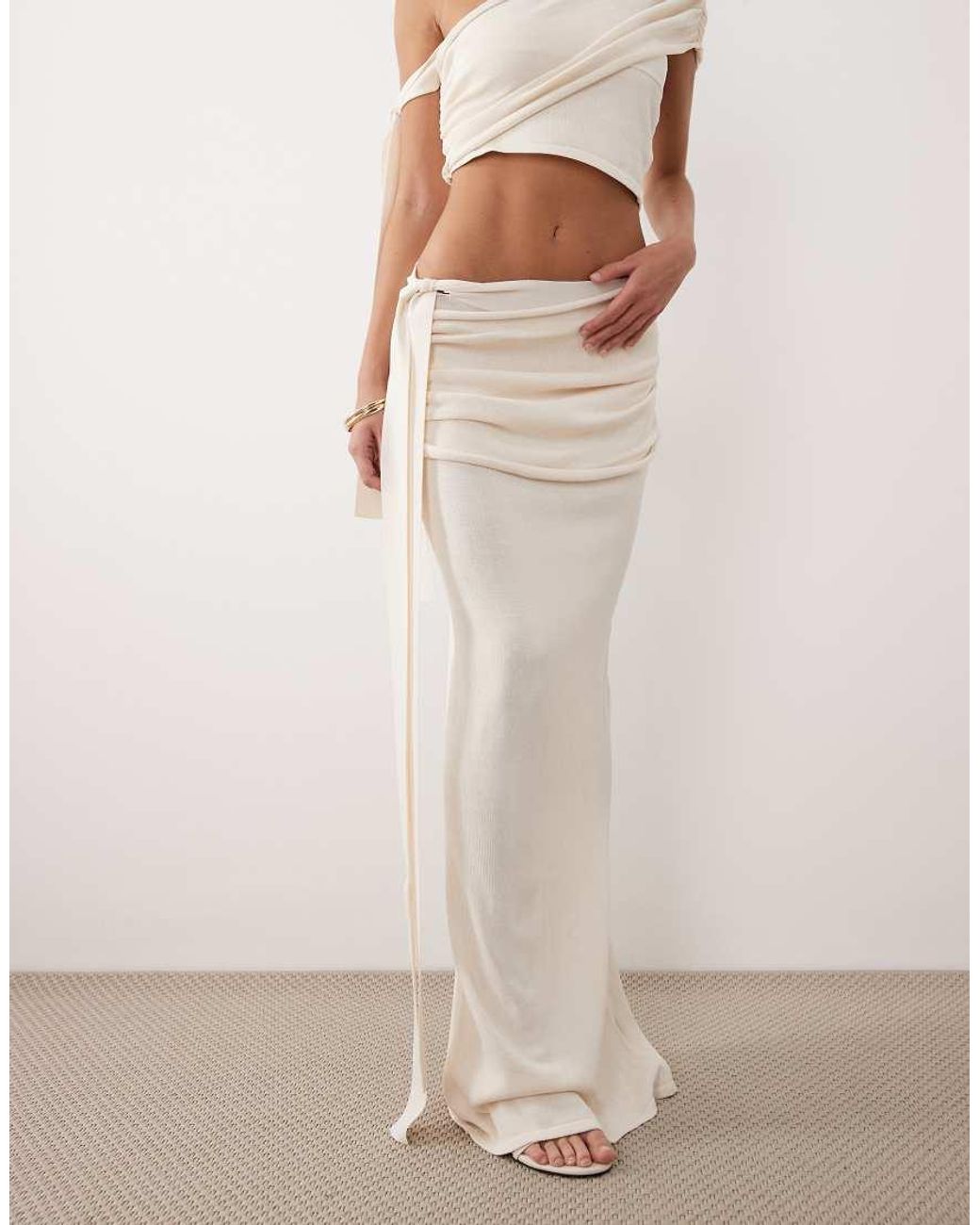 Wanderdoll White Lois Fine Knit Maxi Tie Side Drape Detail Skirt Co-Ord