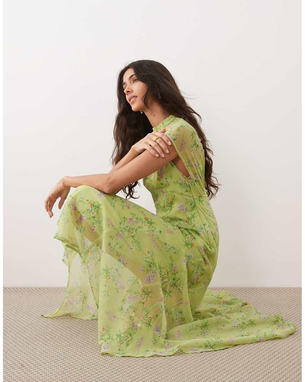 ASOS Green High Neck Handkerchief Hem Chiffon Maxi Dress