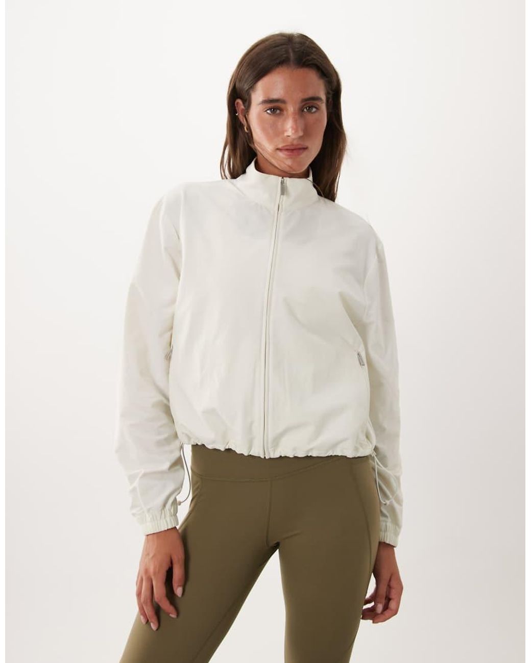 Sweaty Betty Natural Seersucker Textured Zip Up Jacket