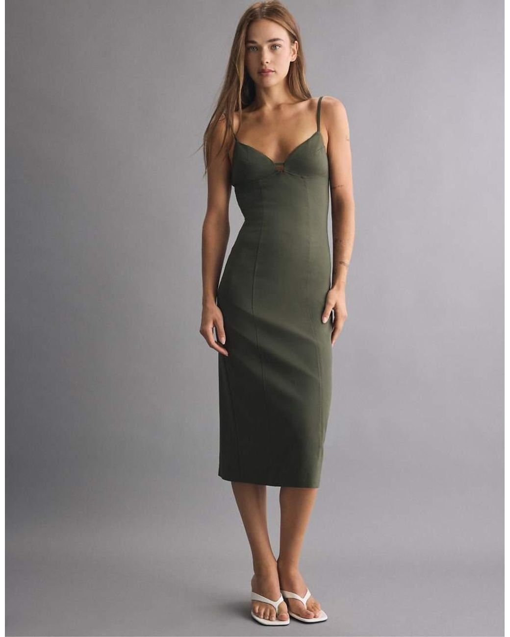 Stradivarius Green Bengaline Midi Dress With Straps