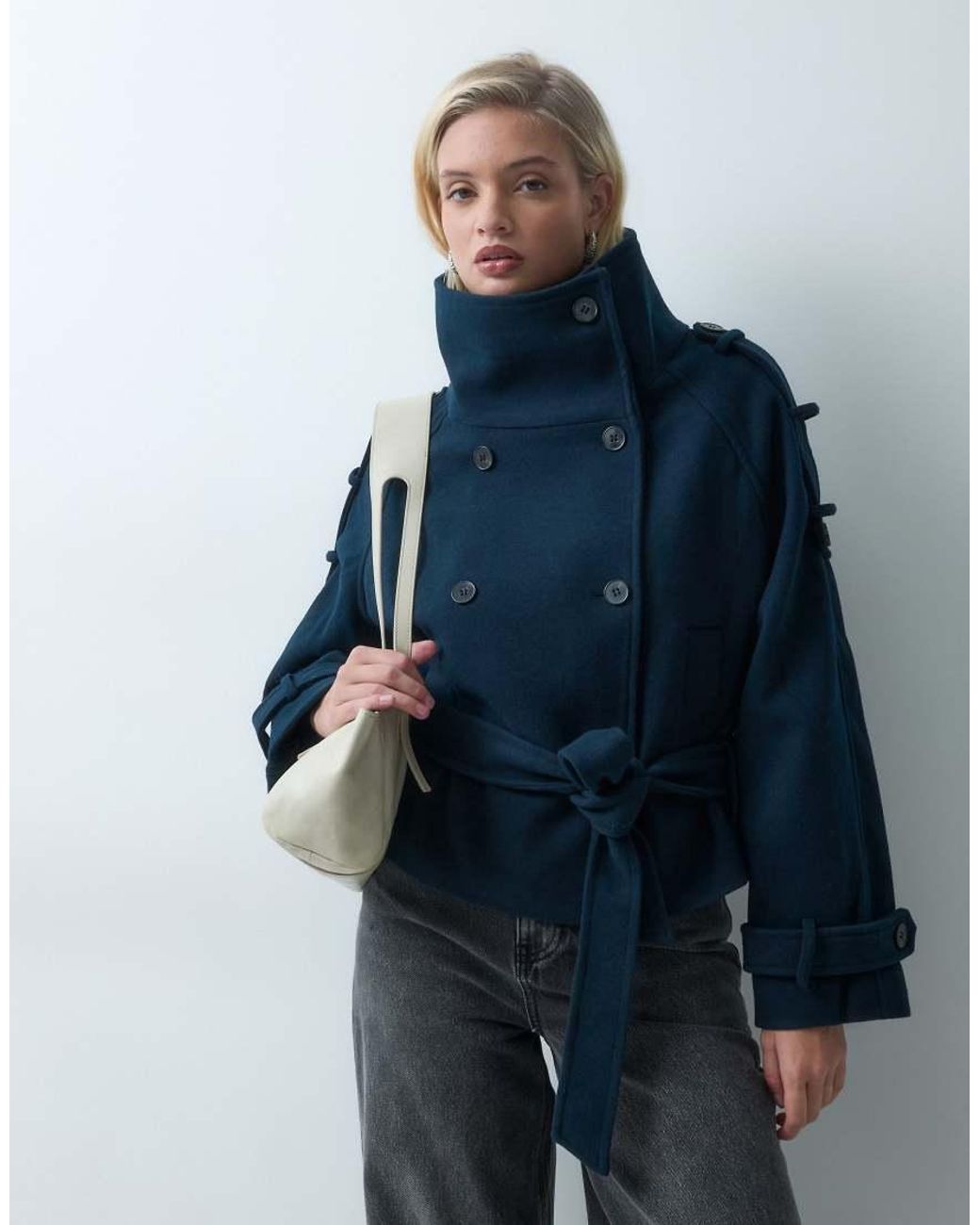 Gina Tricot Blue High Neck Short Jacket With Wool