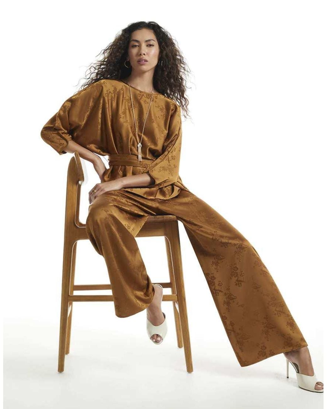 River Island Natural Satin Jacquard Wide Leg Trousers