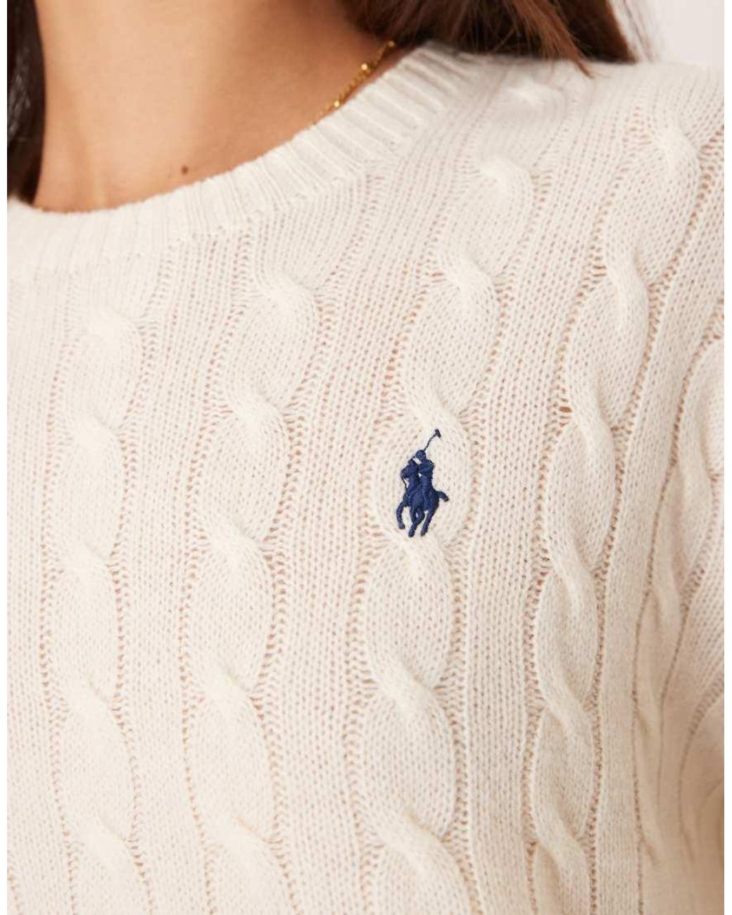 Polo Ralph Lauren White Icon Logo Crew Neck Rich Wool Cable Knit Jumper
