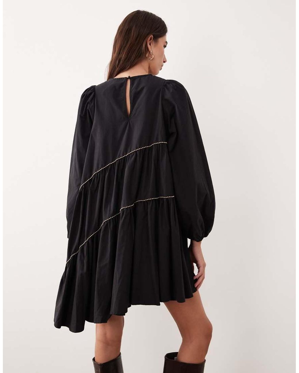 Ghospell Natural Cotton Blend Beaded Trim Asymmetric Hem Mini Dress