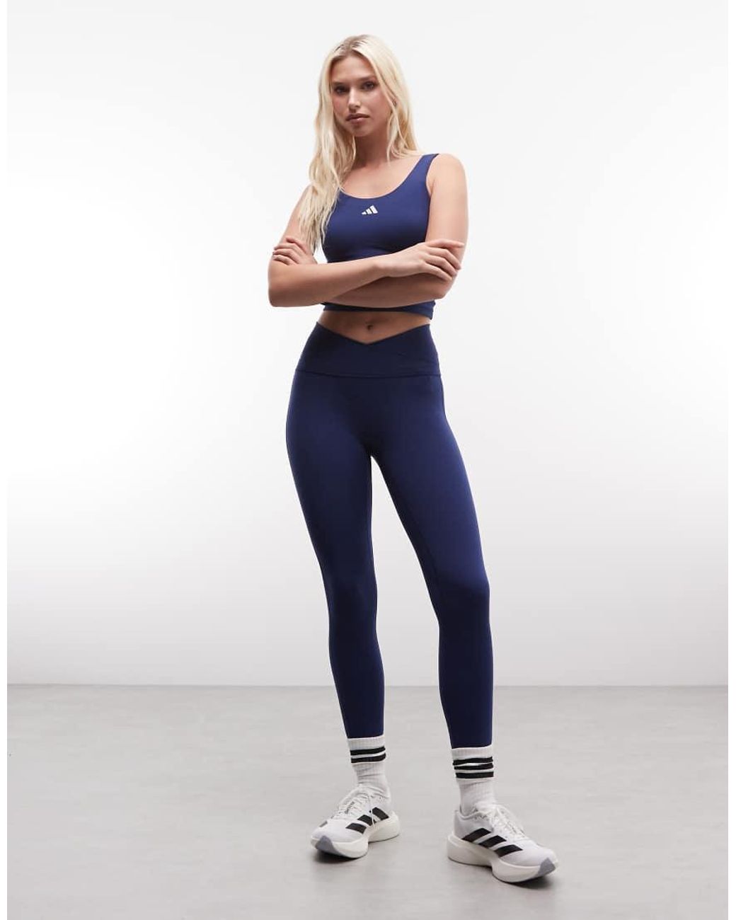 Adidas Originals Blue Three Stripes Studios Crossover Waist leggings