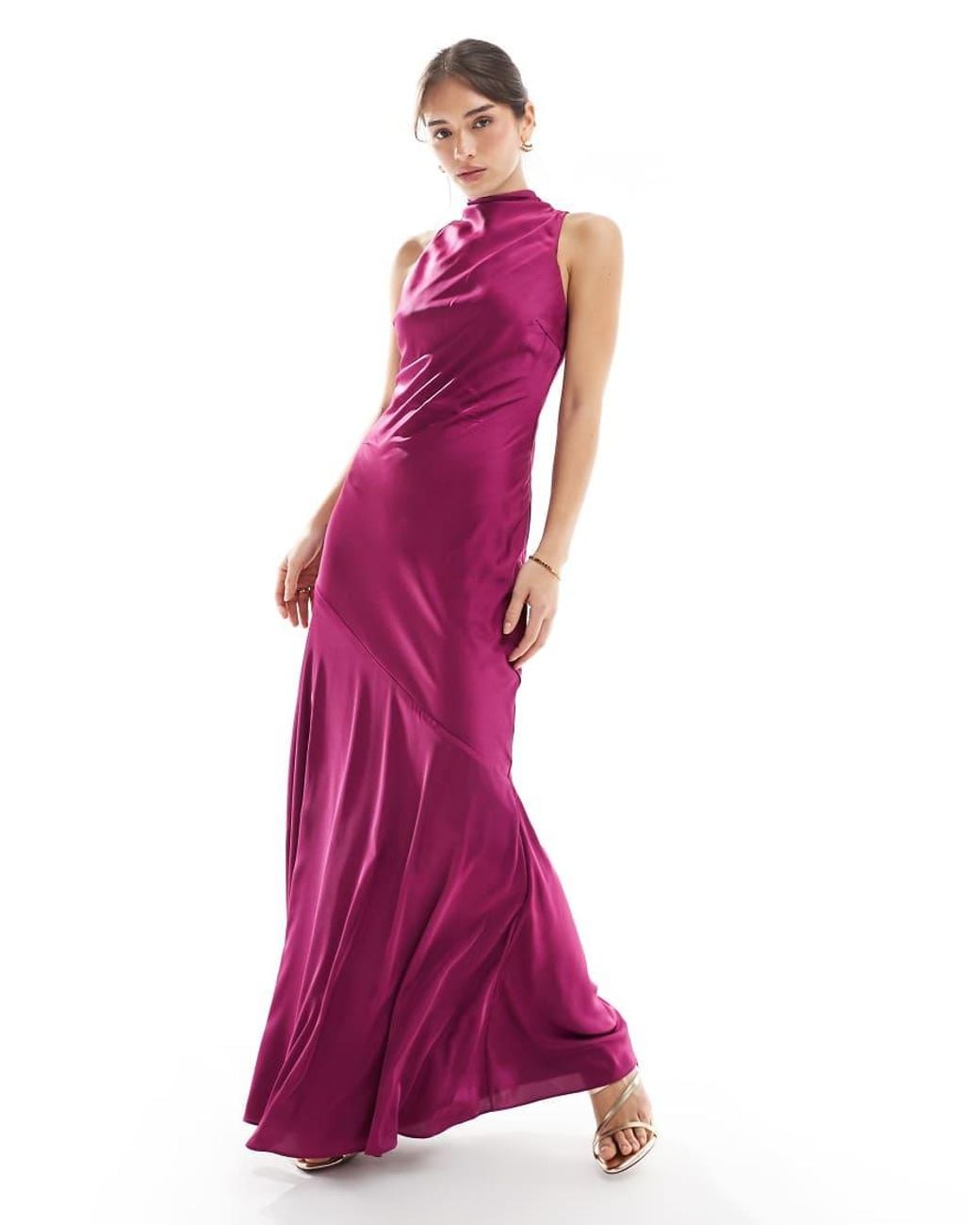TFNC London Purple Bridesmaids Asymmetric High Neck Satin Maxi Dress