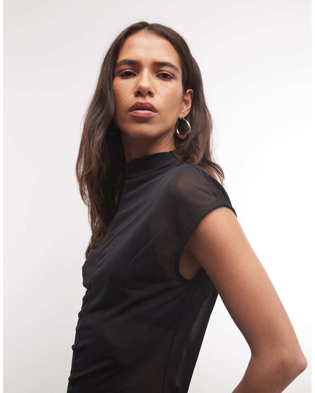 ASOS Blue Sheer High Neck Short Sleeve Top With Seam Detail