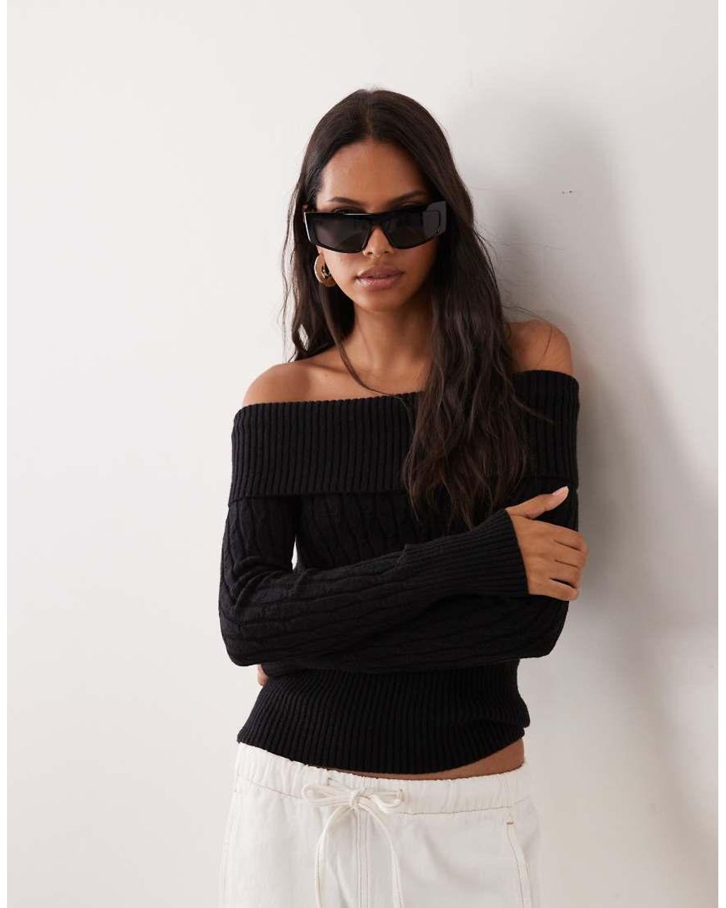 Cotton On White Cinched Cable Knit Off Shoulder Knit Jumper