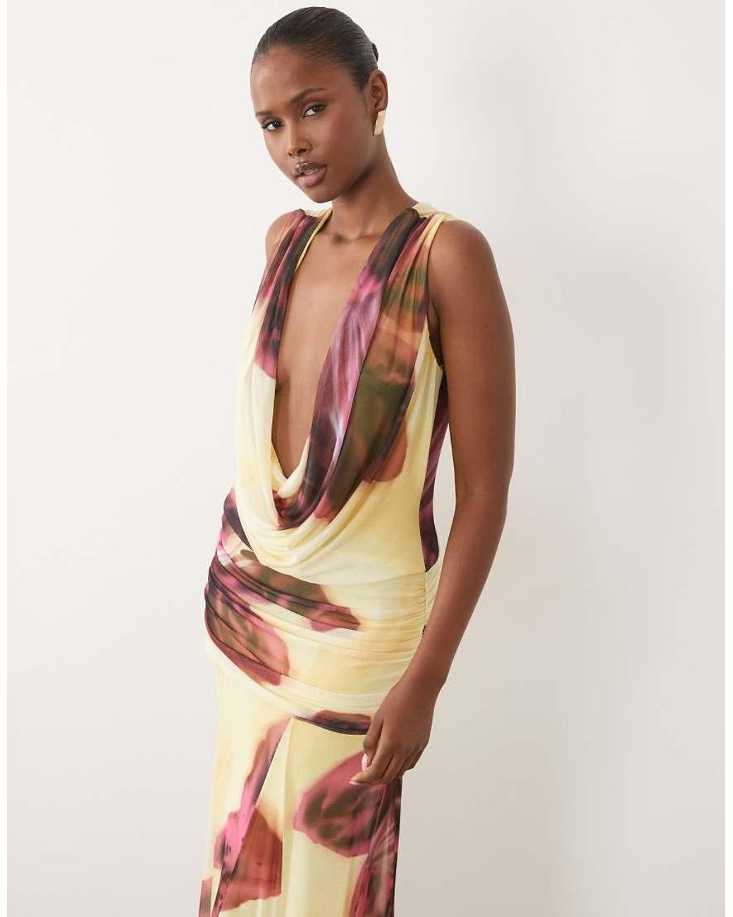 ASOS Multicolor Printed Mesh Deep Plunge Mesh Maxi Dress Over Sized Floral