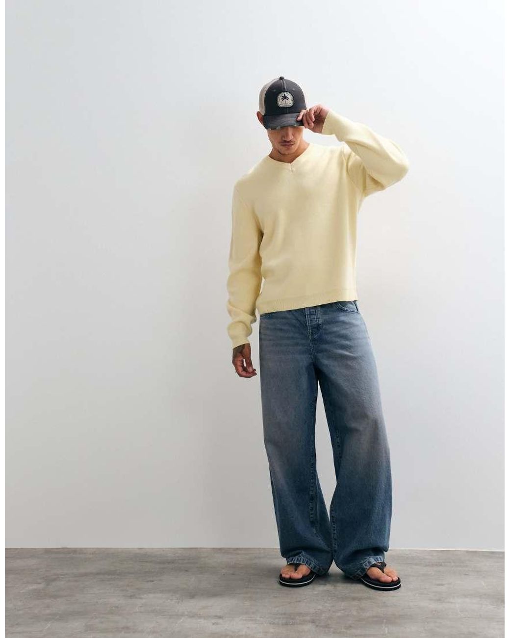 ASOS Natural Oversized V Neck Knitted Jumper for men