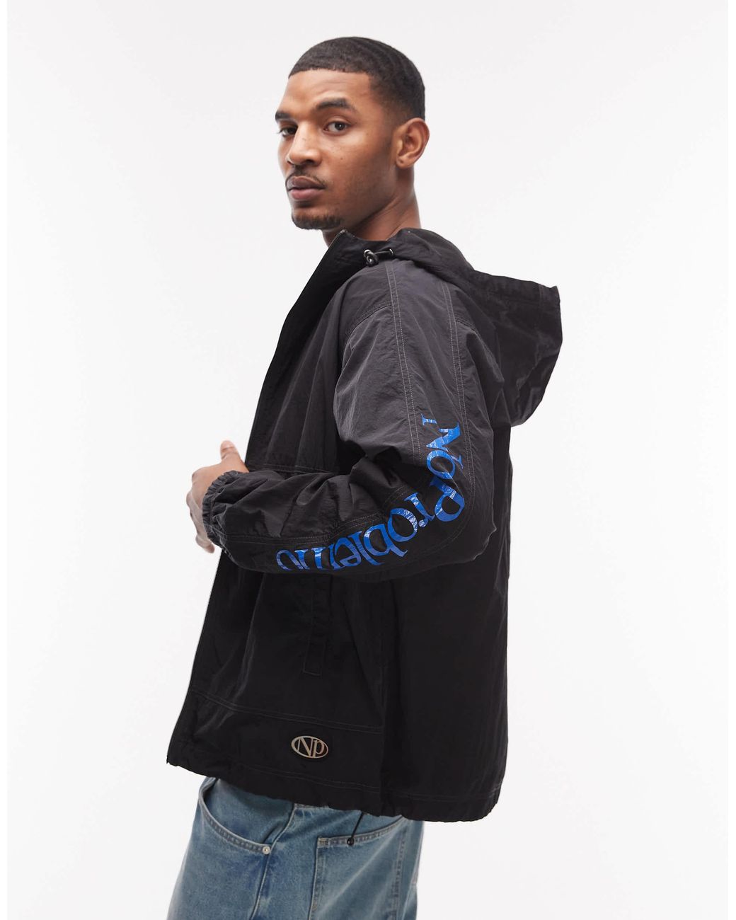 No Problemo Blue Hooded Nylon Windbreaker Jacket With Logo Arm Detail for men