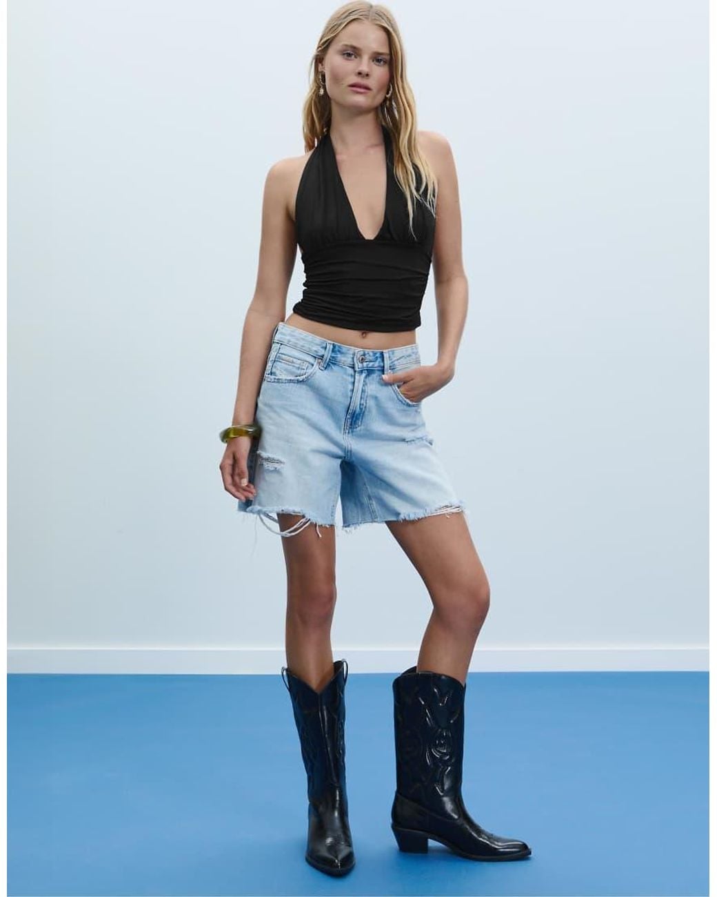 Stradivarius Blue Gathered Halter Top