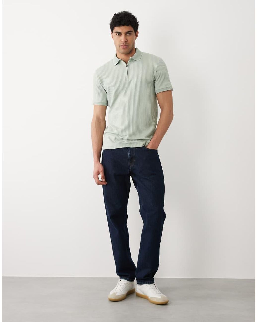 SELECTED Green Ribbed Half Zip Polo Shirt for men