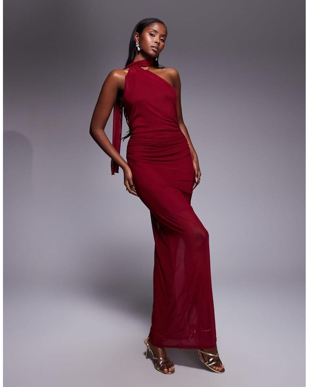 Fashionkilla Red Exclusive Mesh Overlay Neck Tie Detail Sheer Hem Maxi Dress
