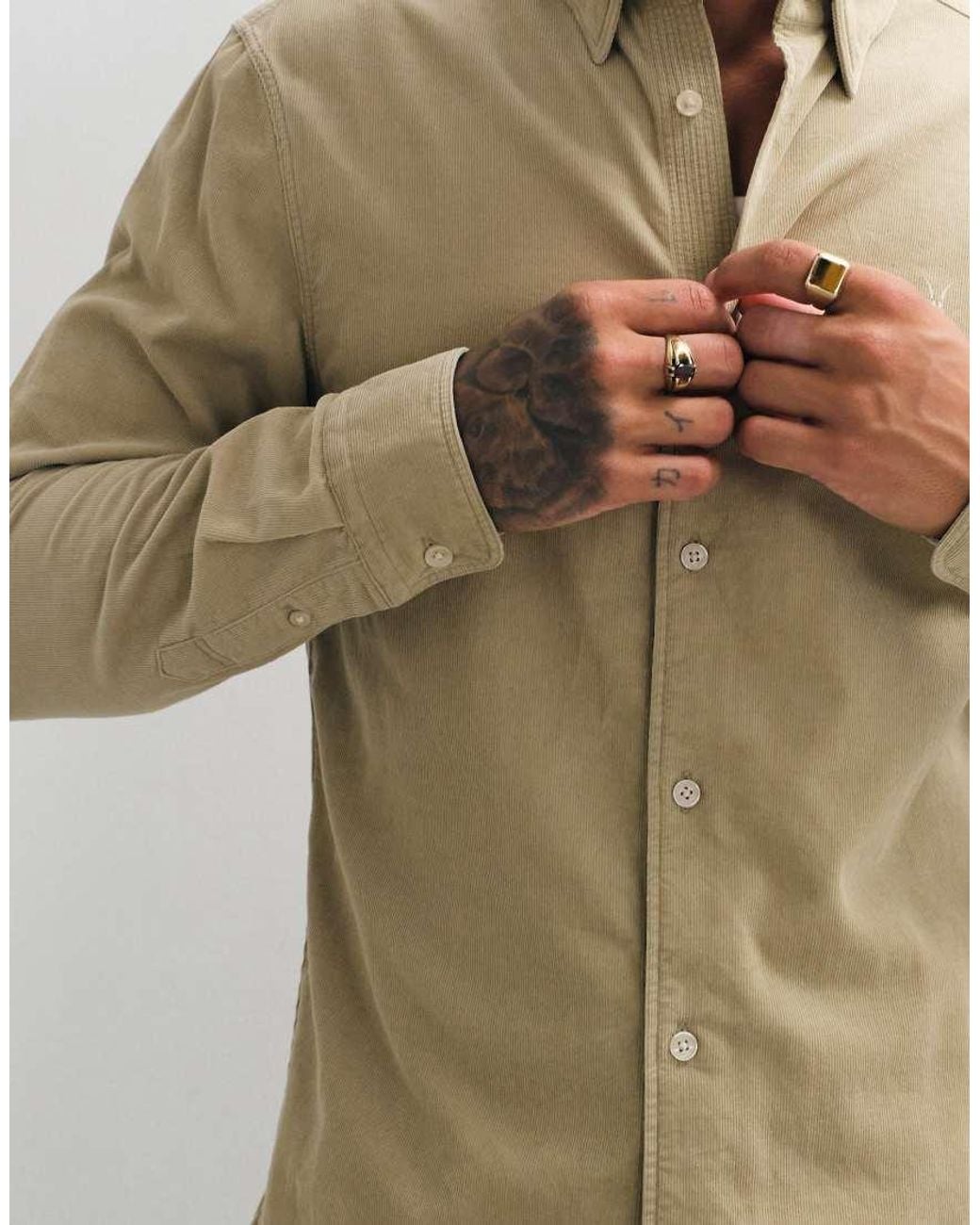 AllSaints Green Birchwood Long Sleeve Logo Cord Shirt for men