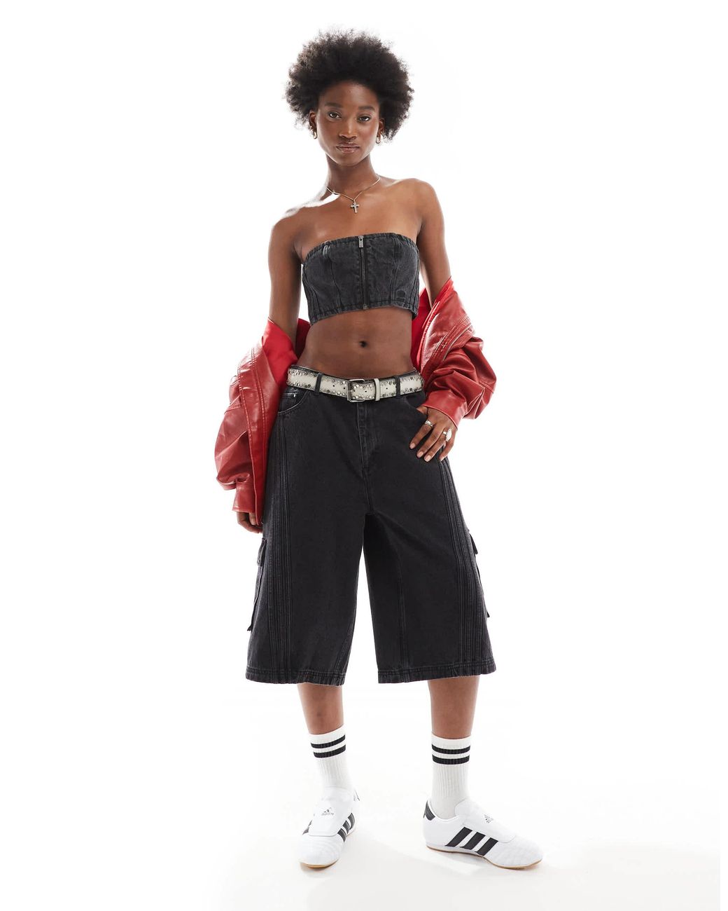 adidas Originals Adilenium Denim Capri Short Co-ord in Red