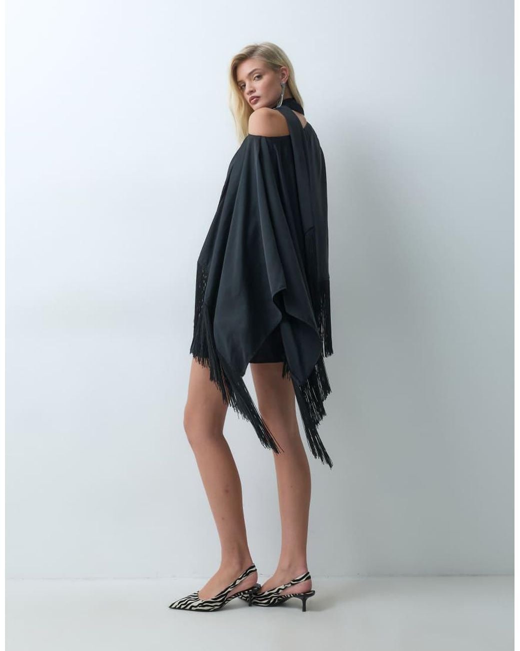 ASOS Blue Off Shoulder Fringe Satin Mini Dress With Scarf