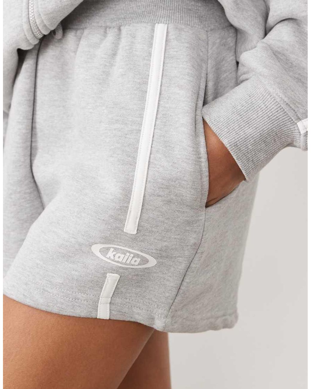 Kaiia Gray Cotton Rich Embroidered Logo Detail Side Stripe Sweat Shorts Co-ord