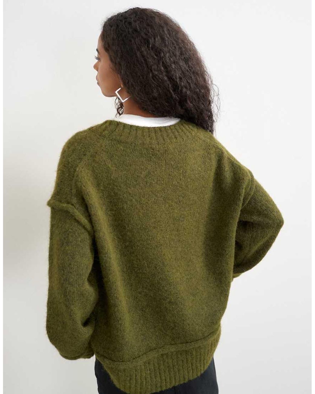 TOPSHOP Green Knitted V Neck Slouchy Roll Seam Detail Jumper With Wool
