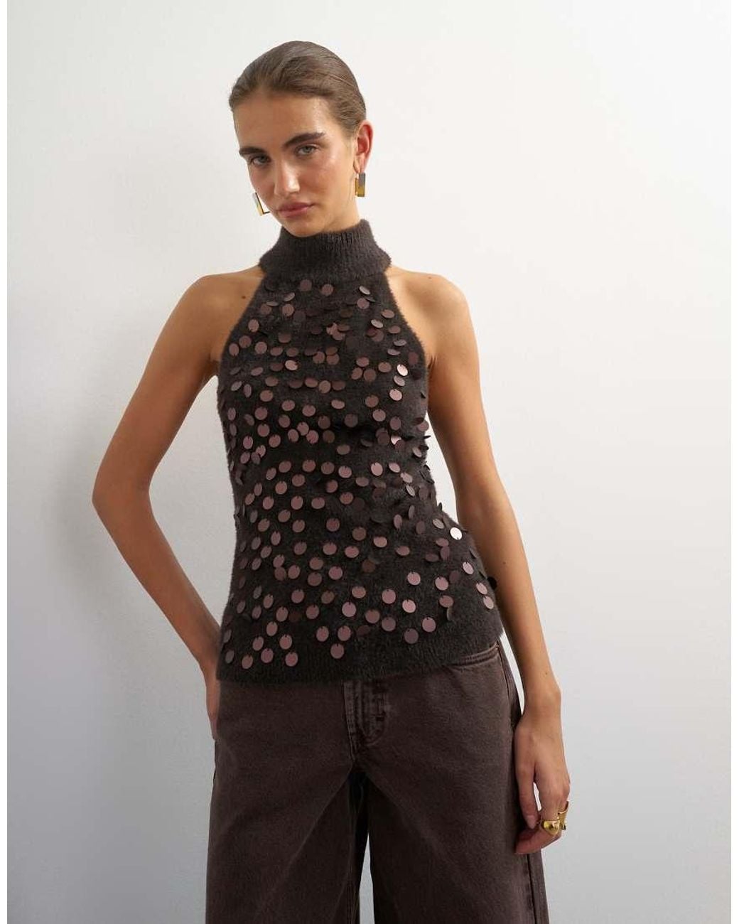 TOPSHOP Black Knitted Halter Neck Sequin Top