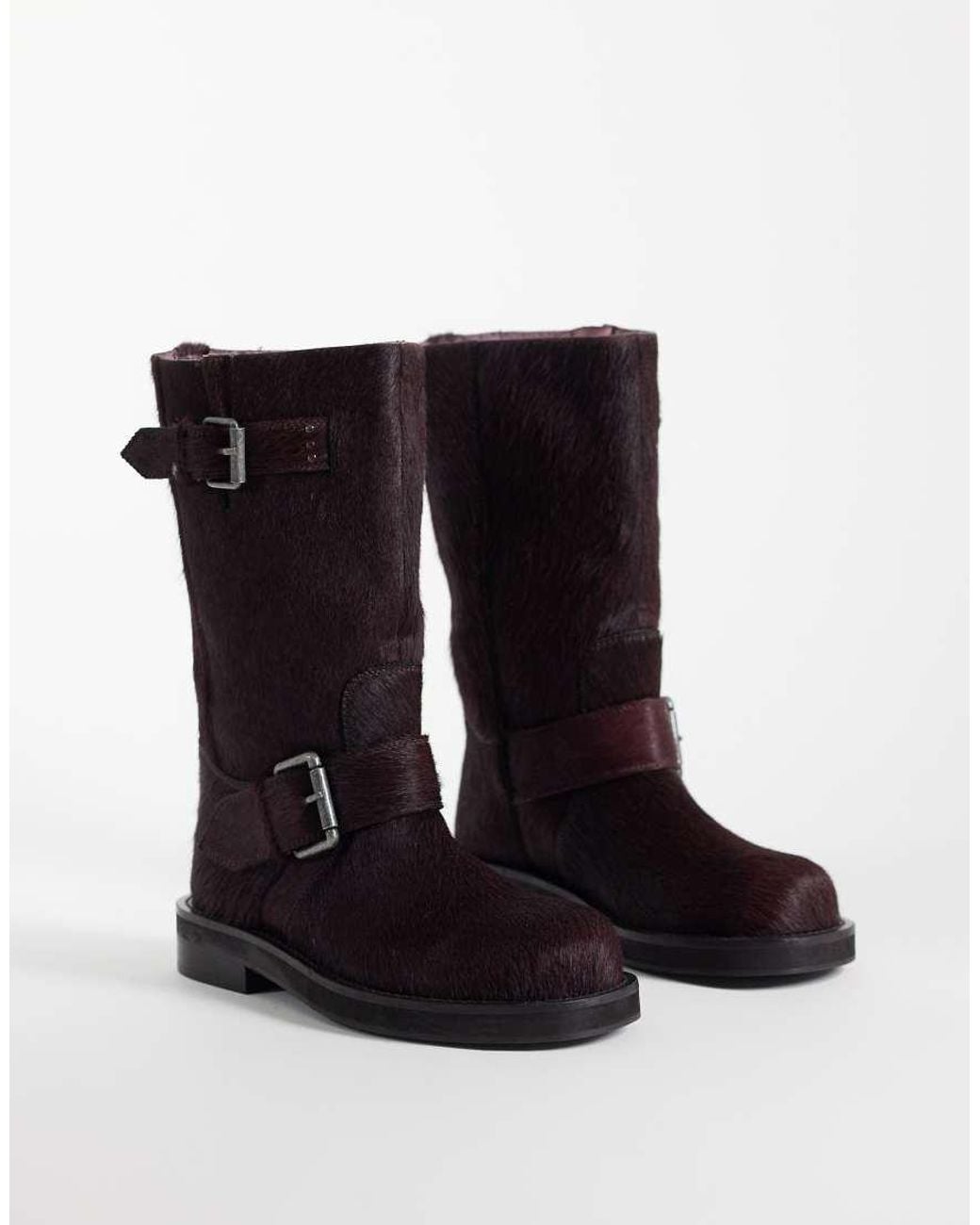 ASOS Multicolor Calamity Hair On Real Leather Pull On Biker Knee Boots