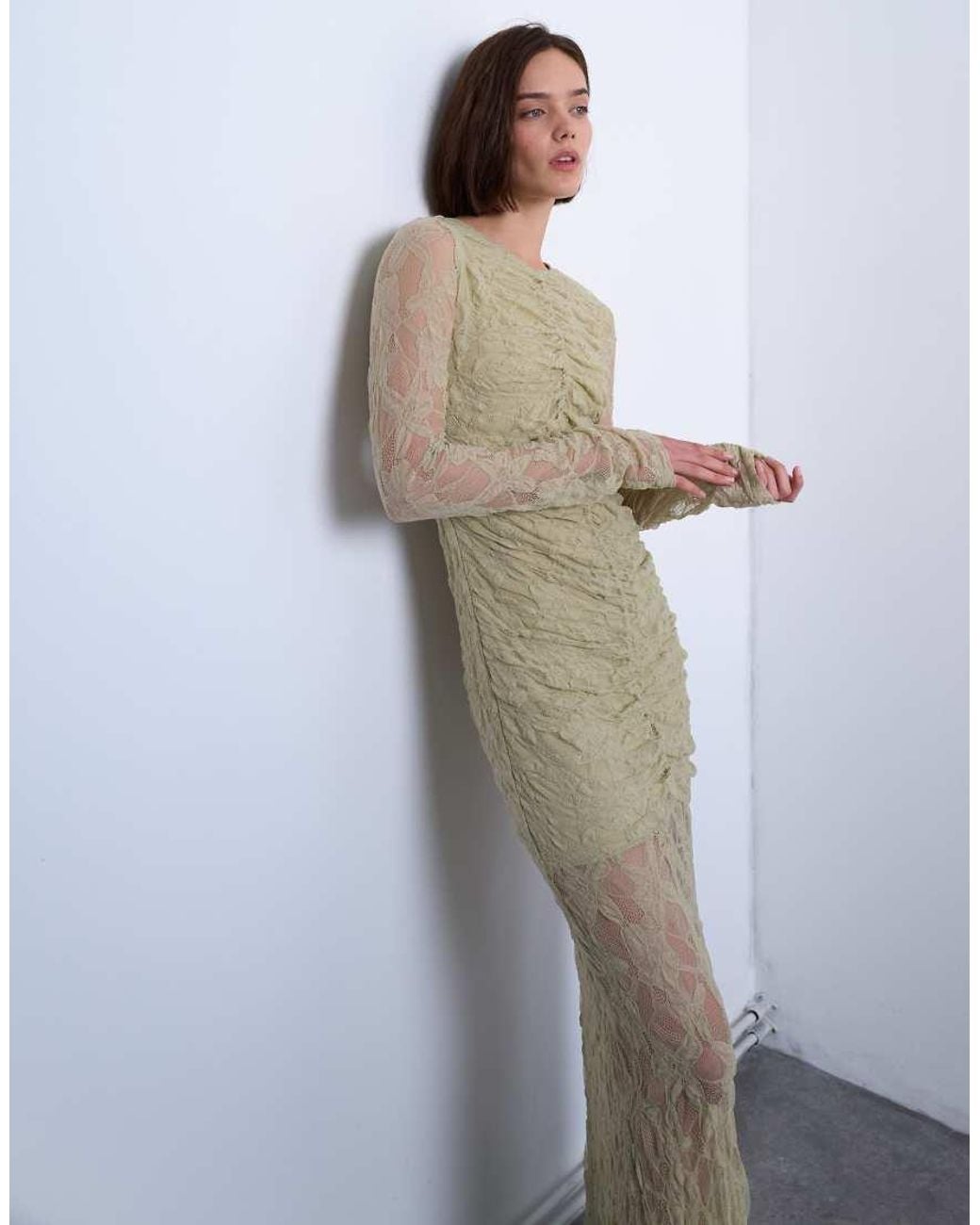 TOPSHOP White Lace Ruched Front Drop Waist Maxi Dress