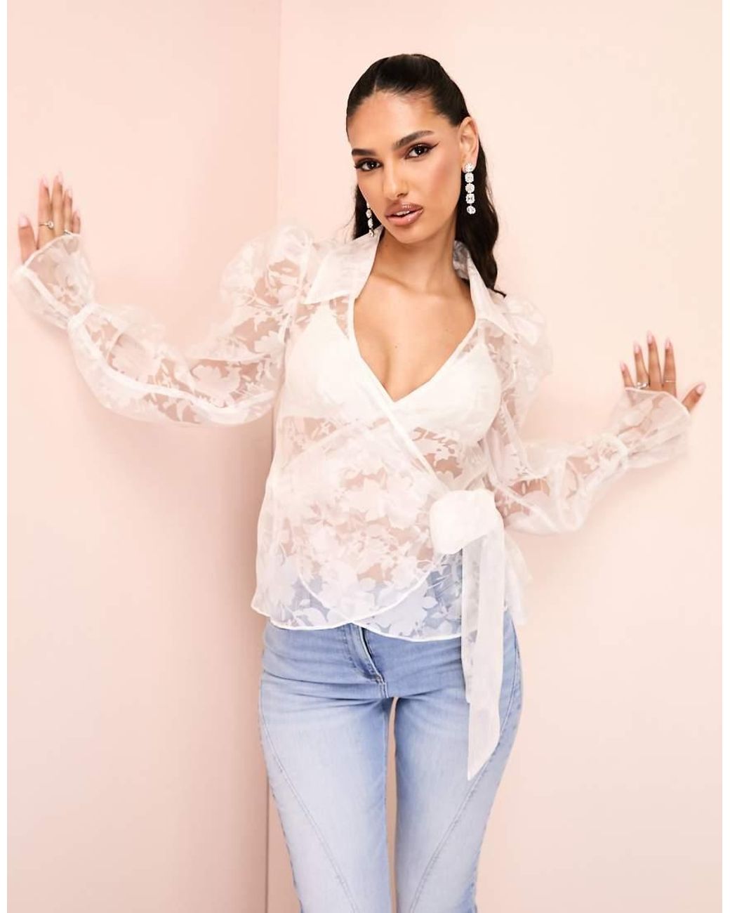 Blusa Blanca Transparente Cruzada Con Diseno Floral Y Detalle De Lazo De Organza De de ASOS de color Azul Lyst
