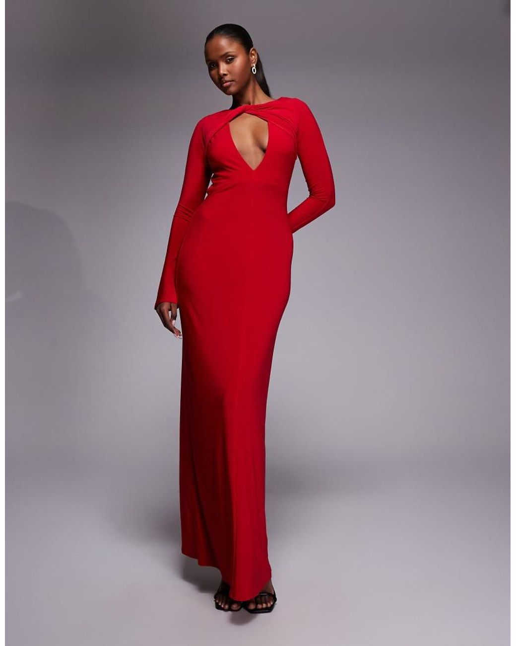 ASOS Red Plunge Neck Long Sleeve Maxi Dress With Ruching