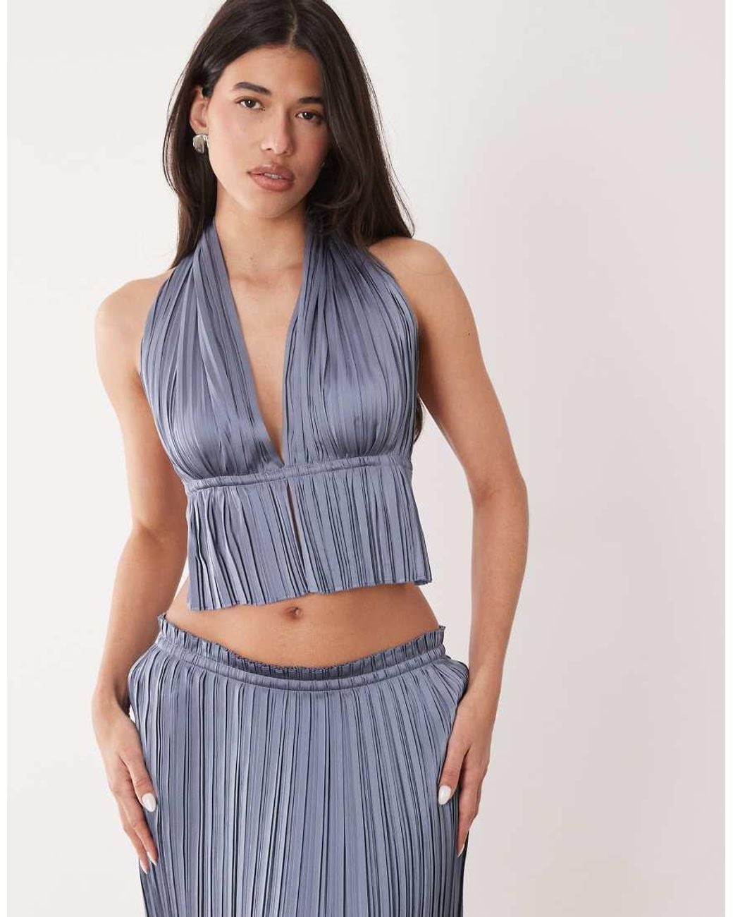 Aria Cove Blue Plisse Halterneck Plunge Open Tie Back Top
