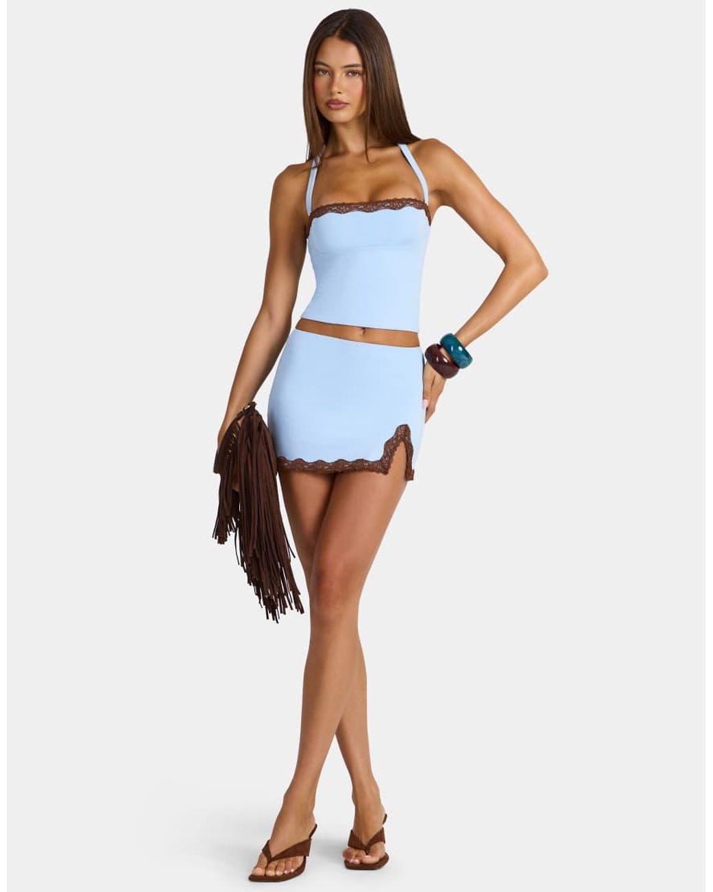 Oh Polly Blue Modal Lace Trim Halter Neck Top Co-ord