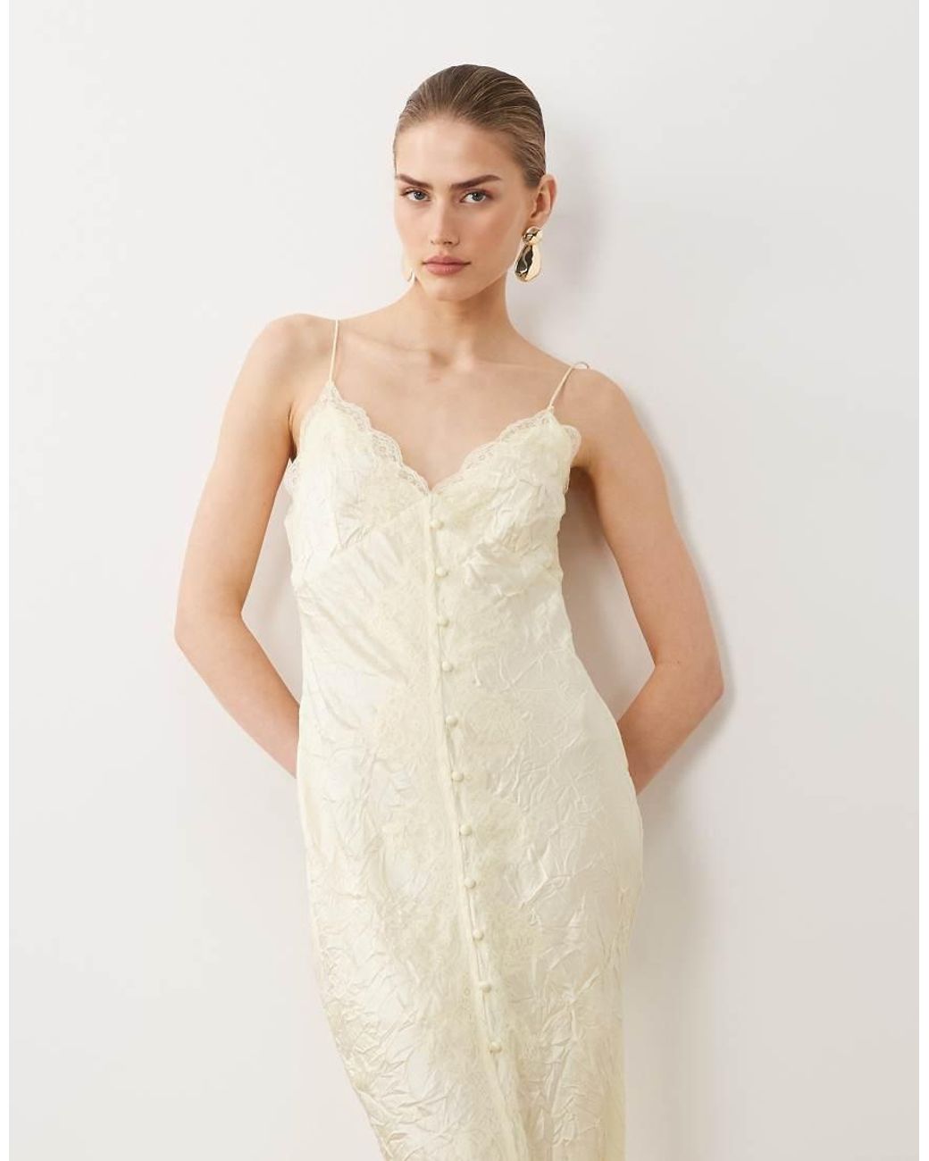 ASOS Natural Lace Detail Button Down Front Slip Maxi Dress