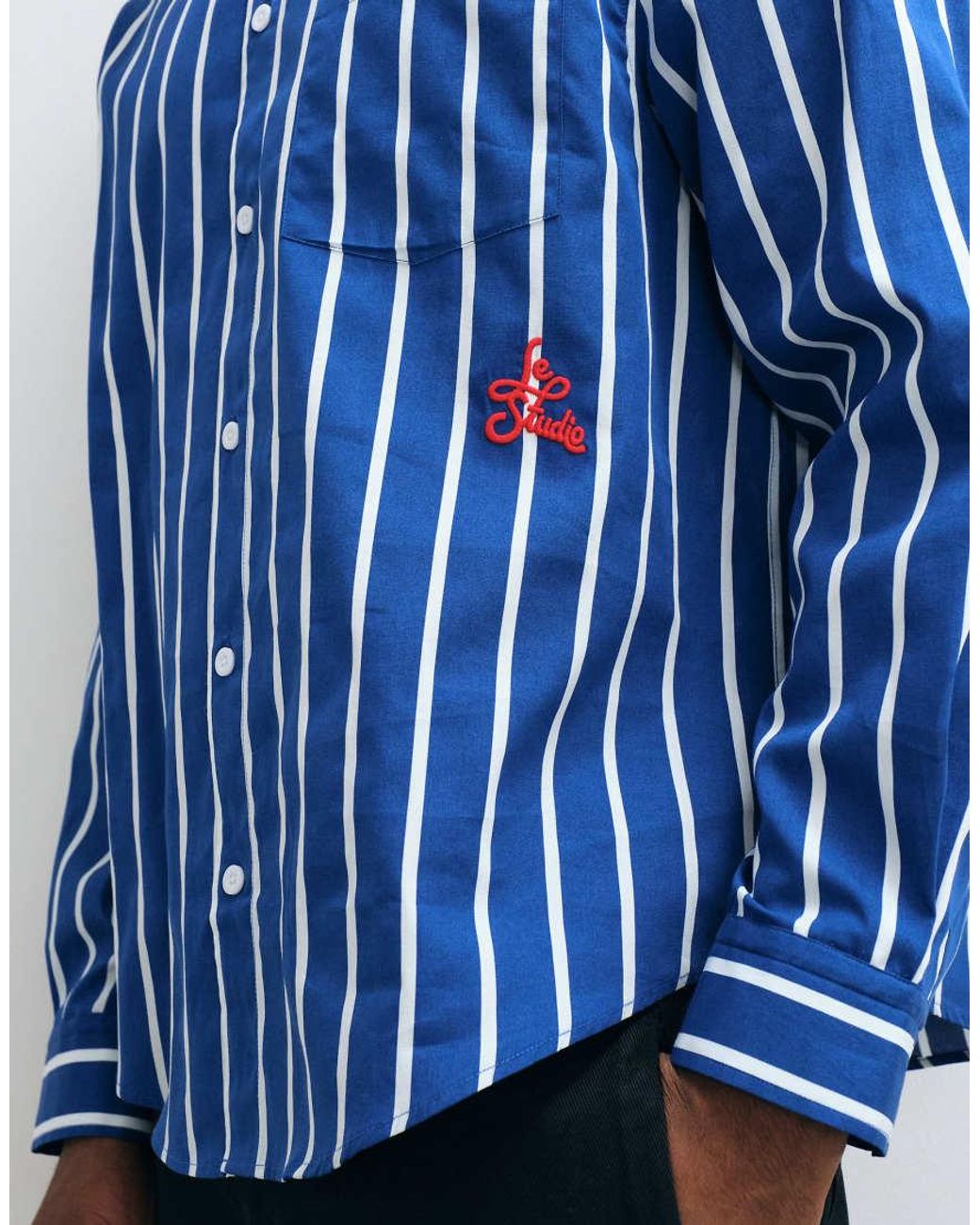 ASOS Blue Oversized Stripe Shirt With Placement Embroidery for men
