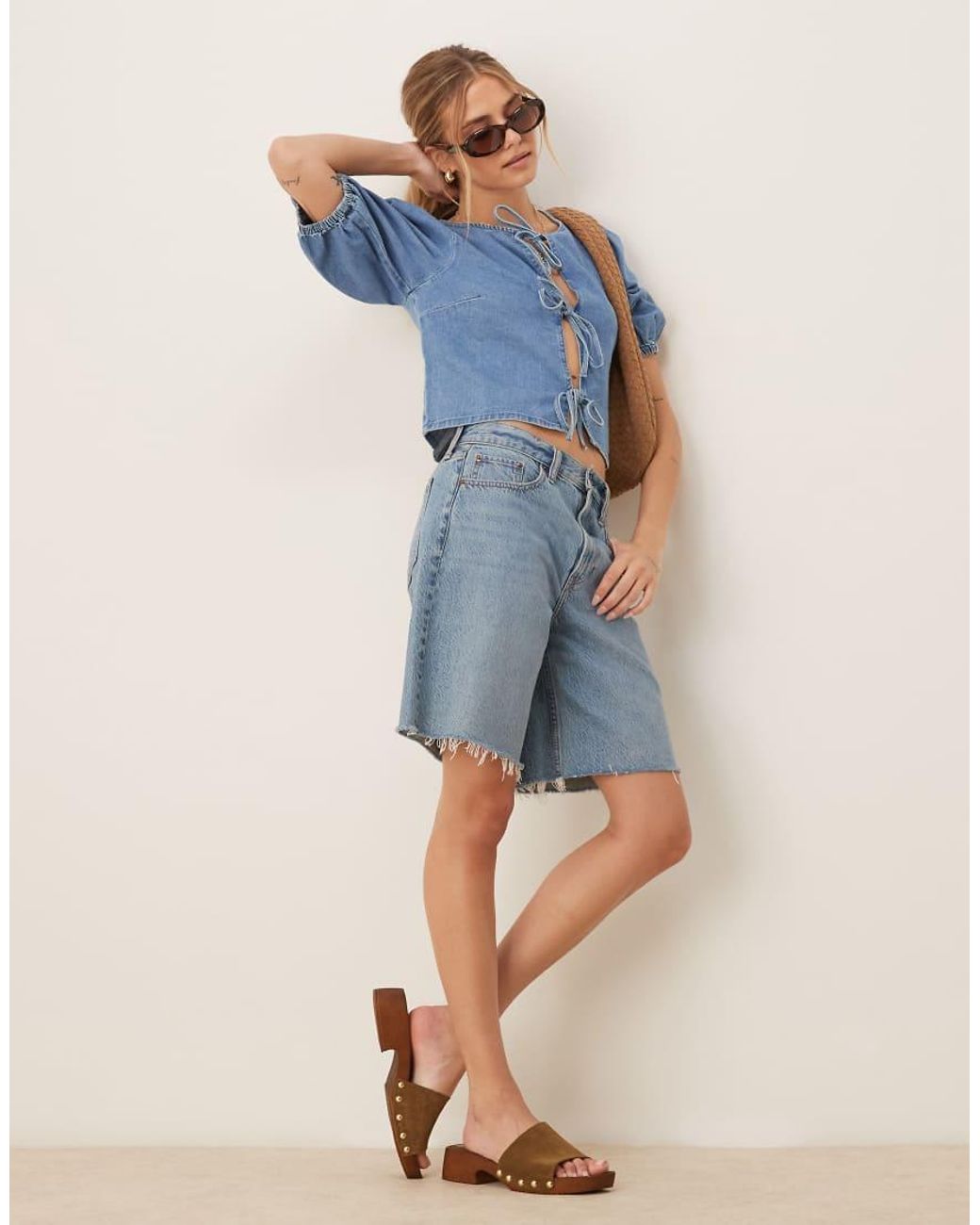 ASOS Blue Soft Denim Top With Tie Front Detail