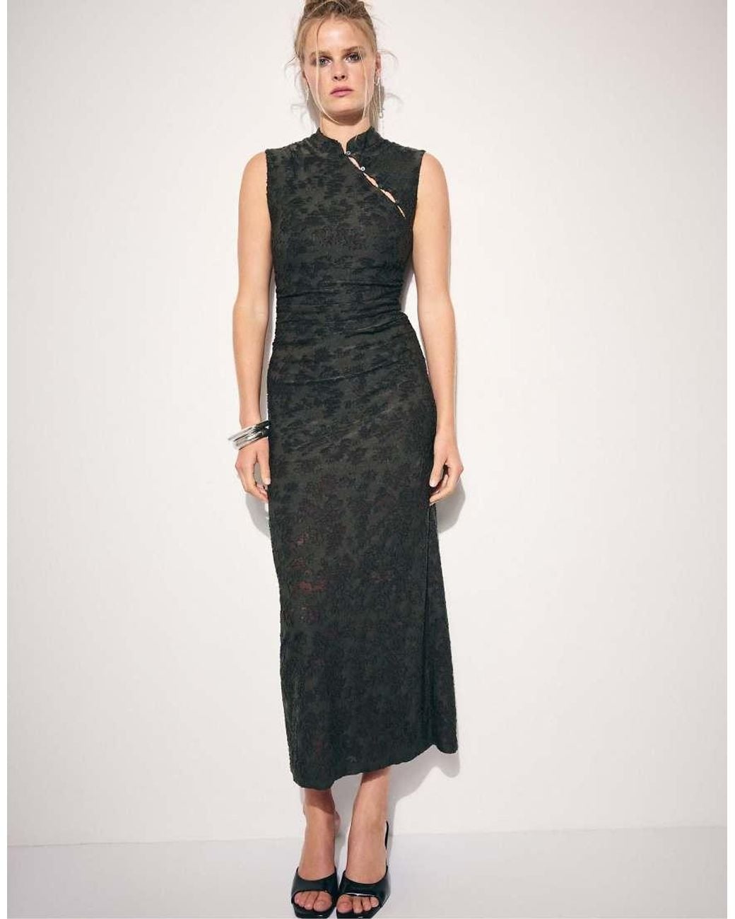 Stradivarius Black Sleeveless Midi Dress With Stand Collar