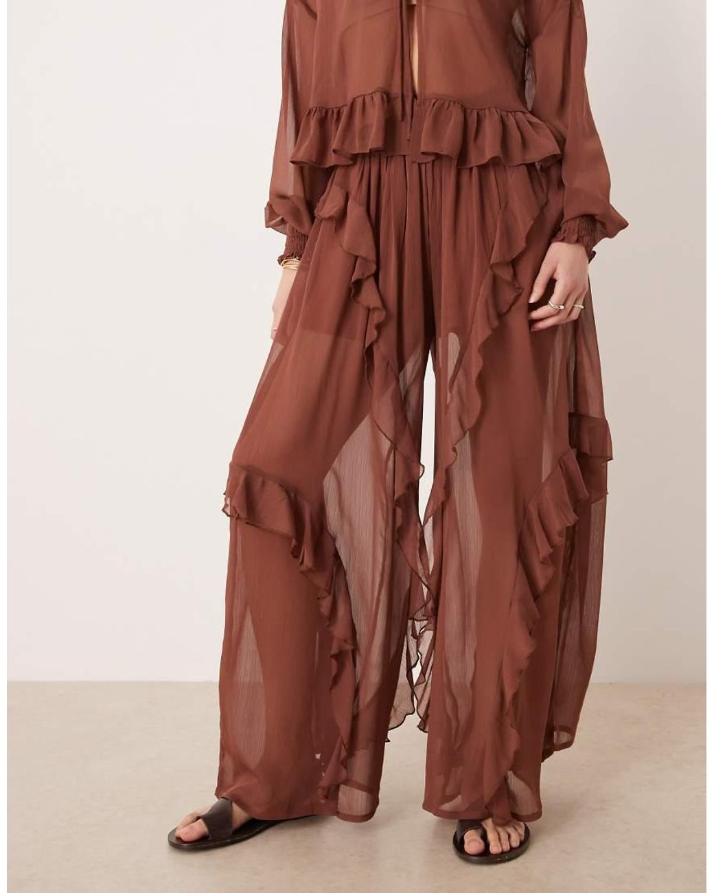 Glamorous Brown Boho Ruffle Detail Wide Leg Trousers