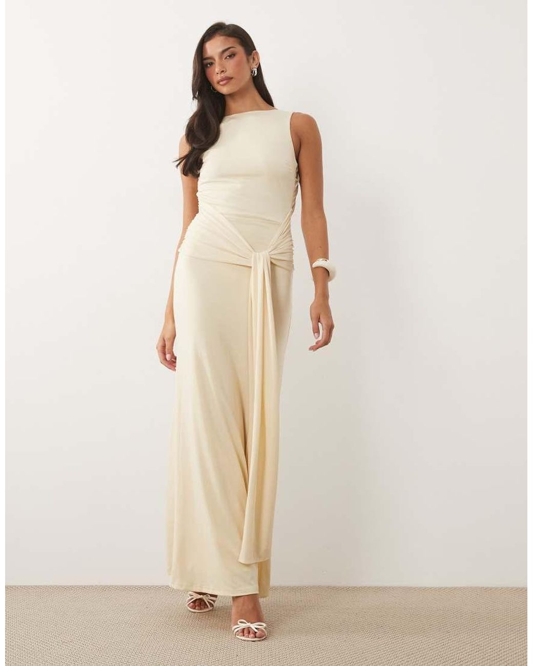 TFNC London Natural Slinky Slash Neck Open Back Tie Detail Maxi Dress