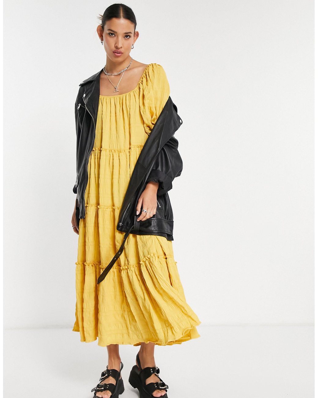 emory park Maxi Smock Dress With Tiered Skirt in Yellow | Lyst