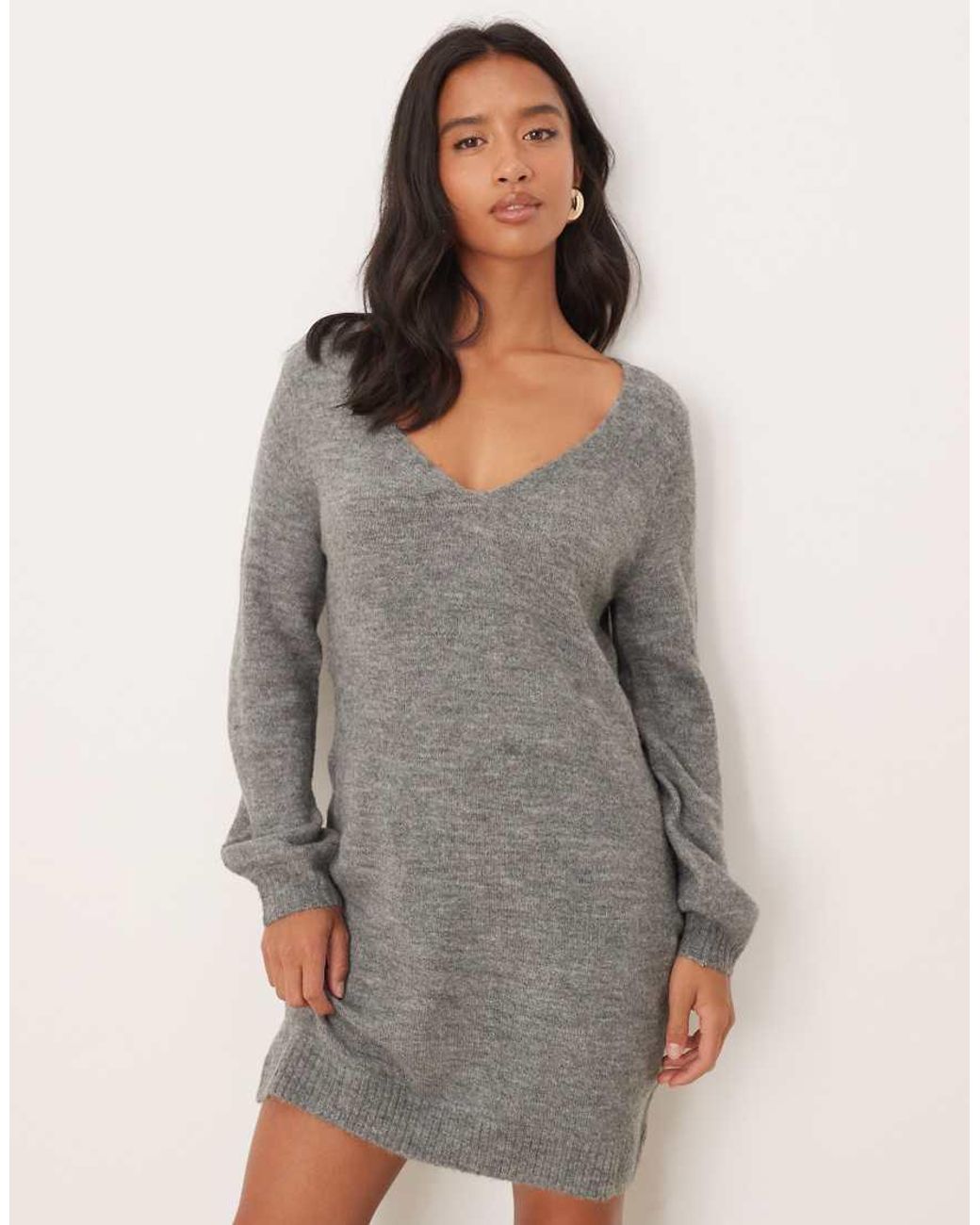 JDY Petite Gray V-neck Knitted Mini Dress