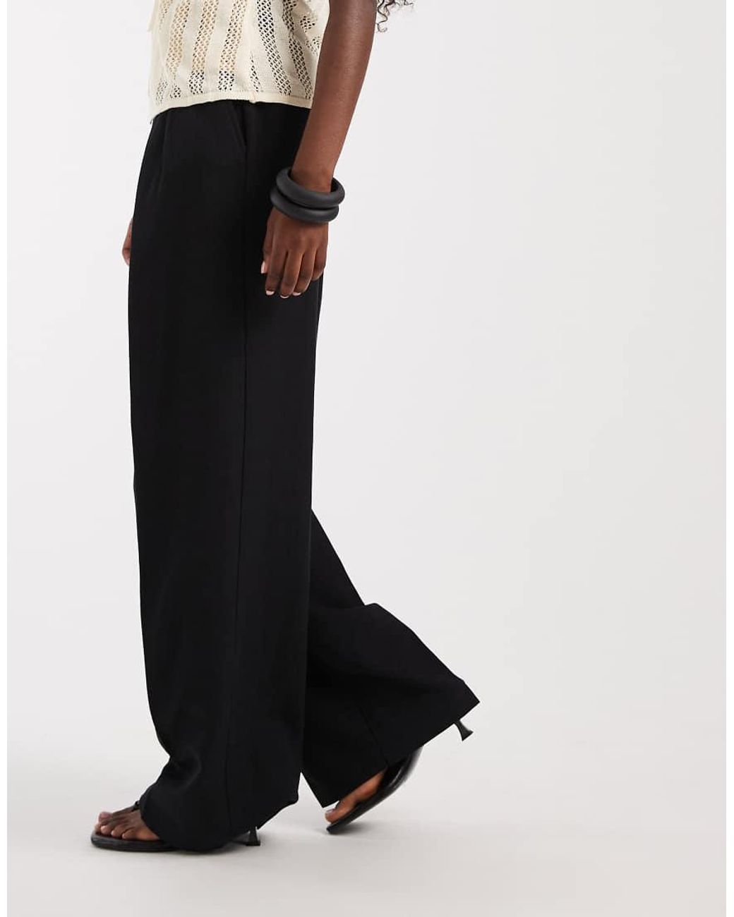 ASOS Black Tailored Linen Look Wide Leg Trousers With Pleat Detail