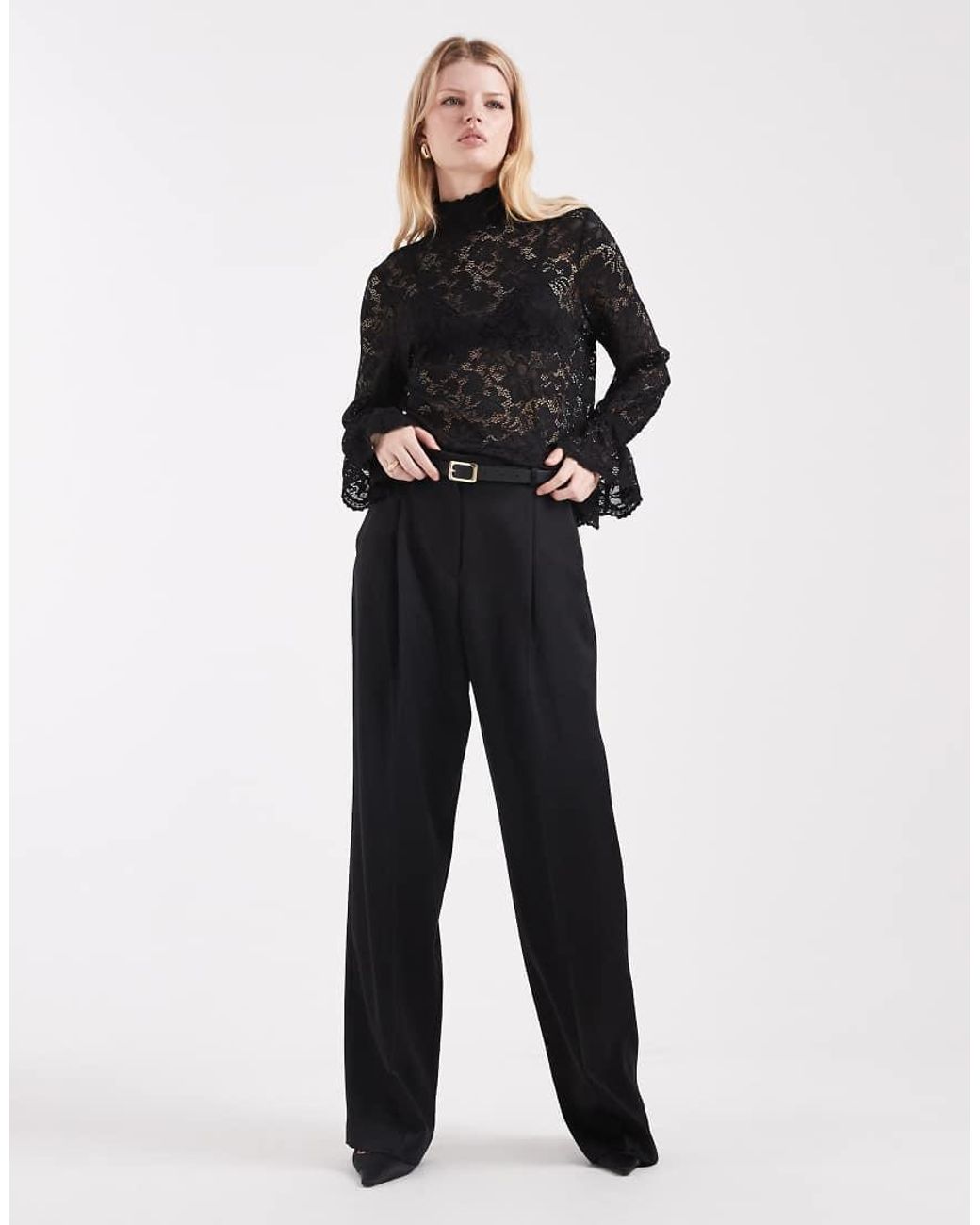 Pieces Black Frill Cuff High Neck Lace Top