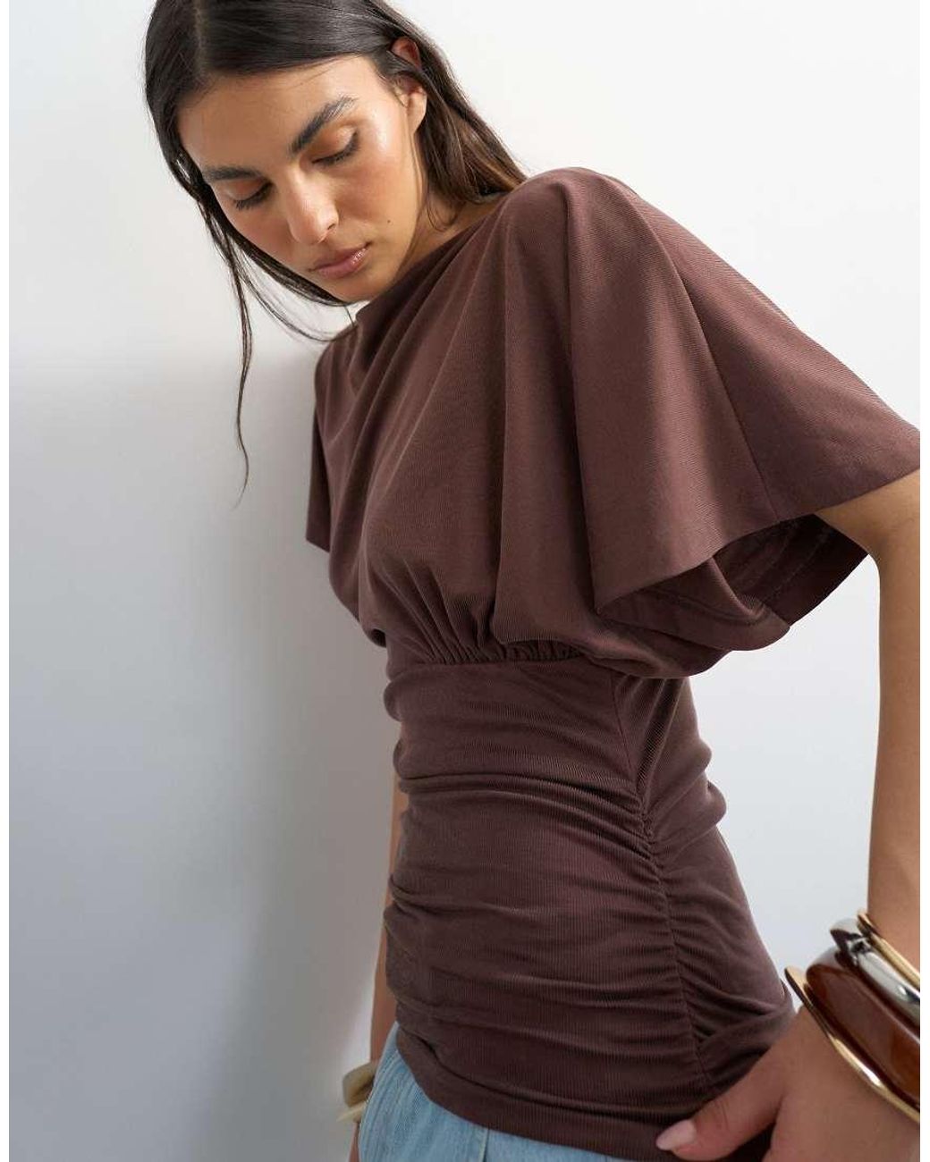 TOPSHOP Brown Cupro Ruched Side Top